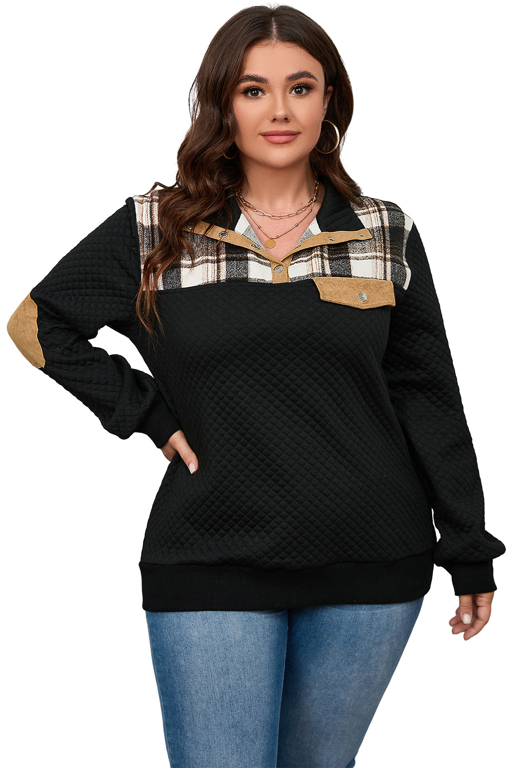 Black Plus Size Quilted Plaid Patch Henley Sweatshirt - Bagged Store