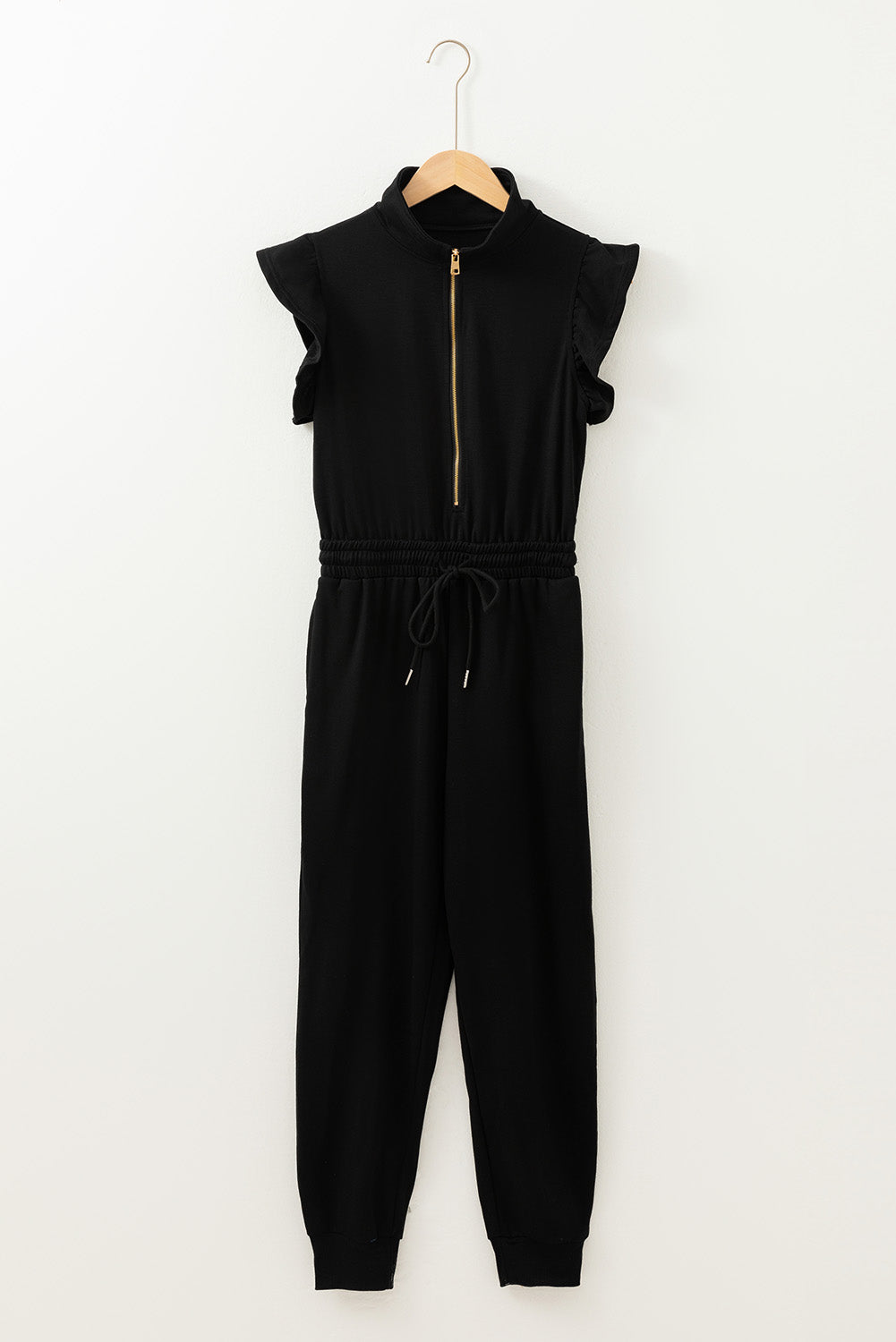 Black Zipper Flutter Sleeve Drawstring High Waist Jumpsuit - Bagged Store