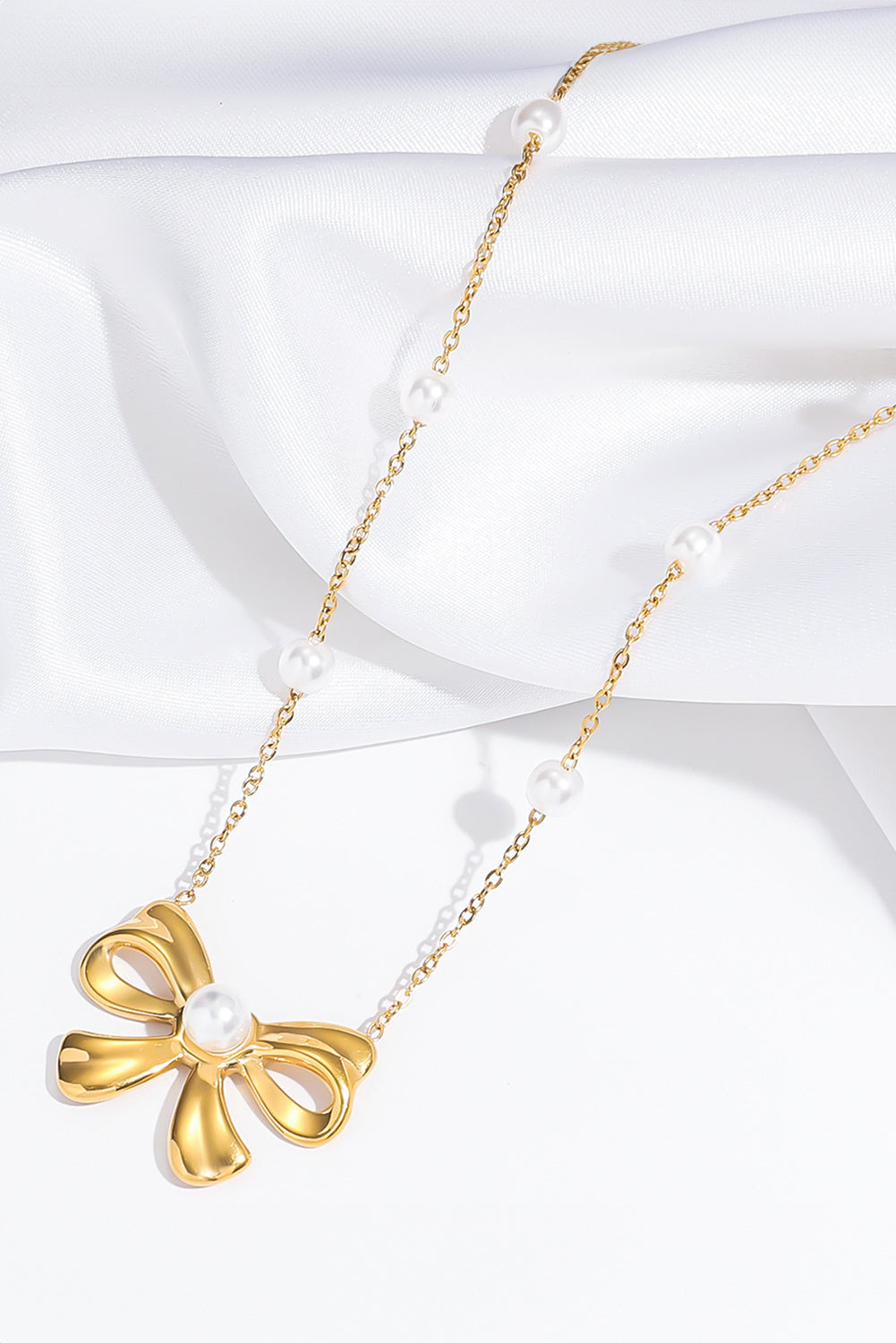 Gold Pearl Decor Plated Bow Knot Pendant Necklace - Bagged Store