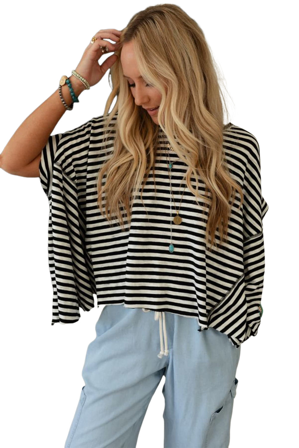 Black Stripe Batwing Sleeve Crewneck Oversized Top - Bagged Store