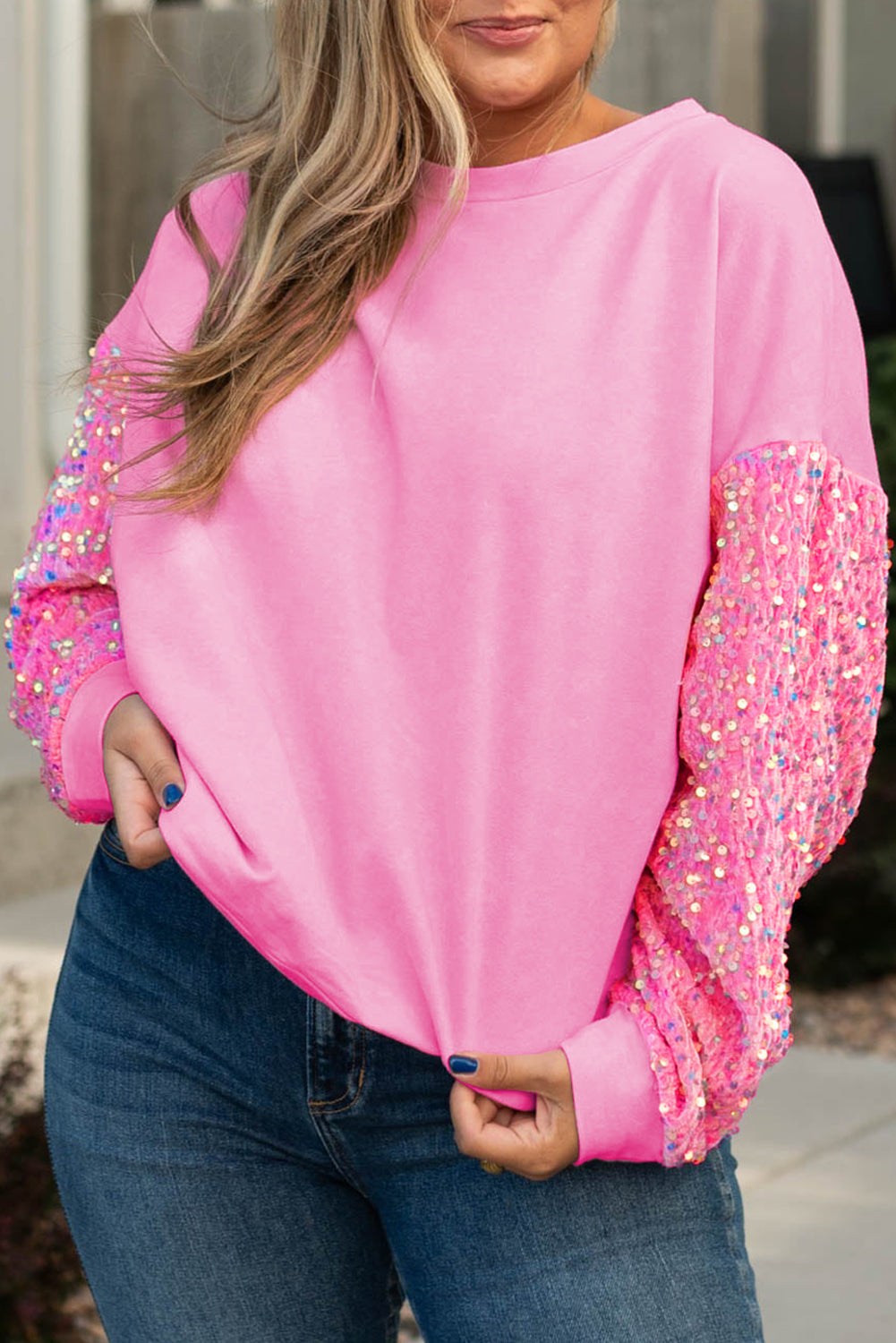 Pink Plus Size Sequin Sleeve Drop Shoulder Sweatshirt - Bagged Store