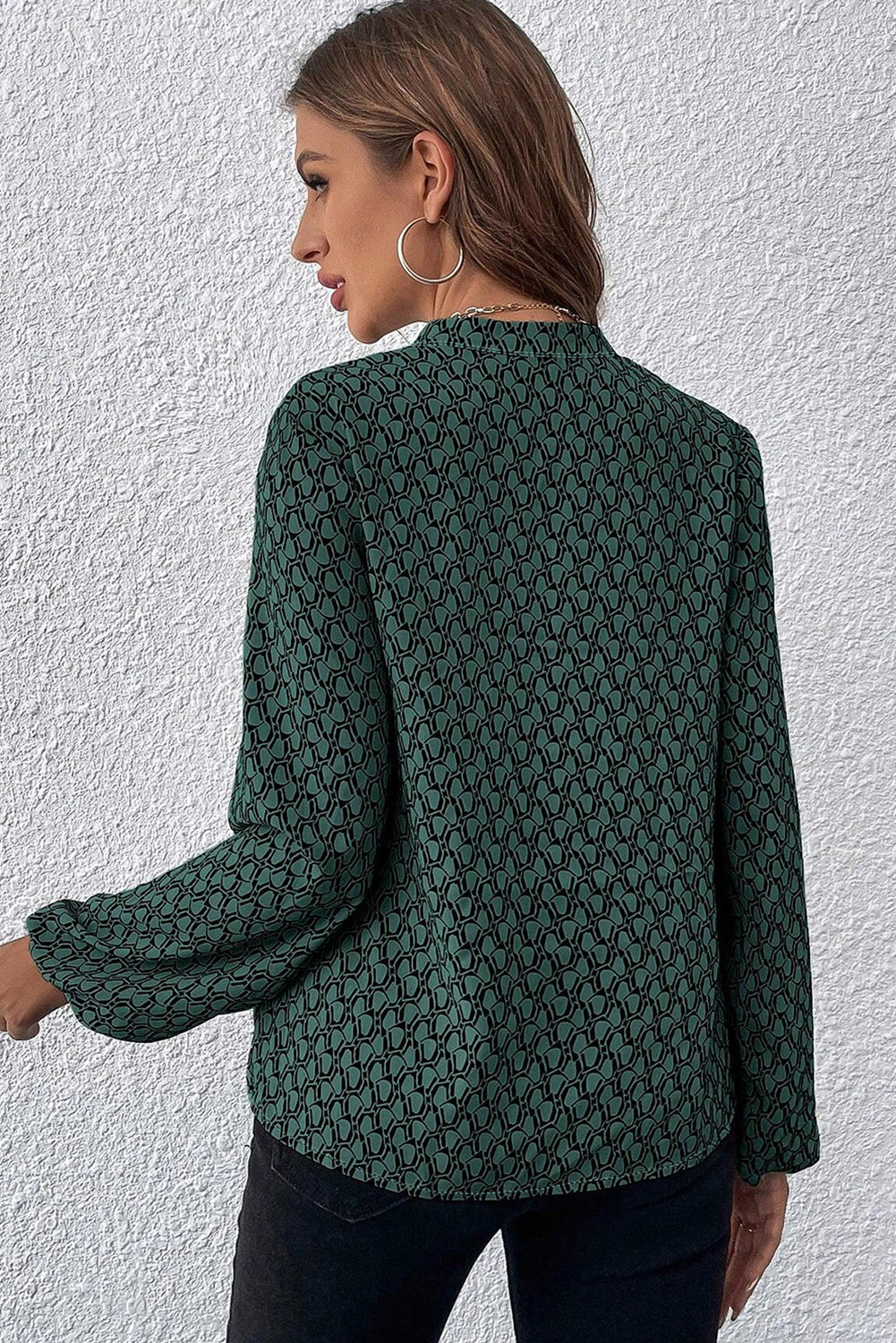 Green Geometric Print Notched Neck Puff Sleeve Blouse - Bagged Store