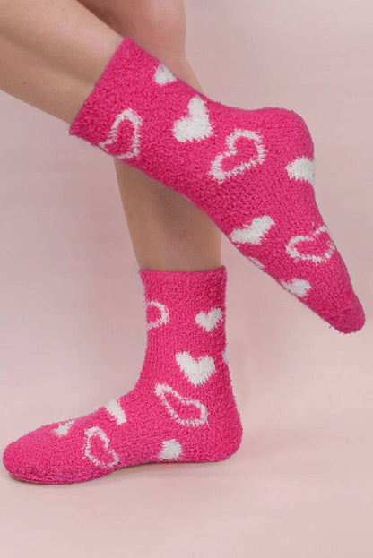 Strawberry Pink Heart Shape Print Coral Fleece Thick Crew Socks - Bagged Store