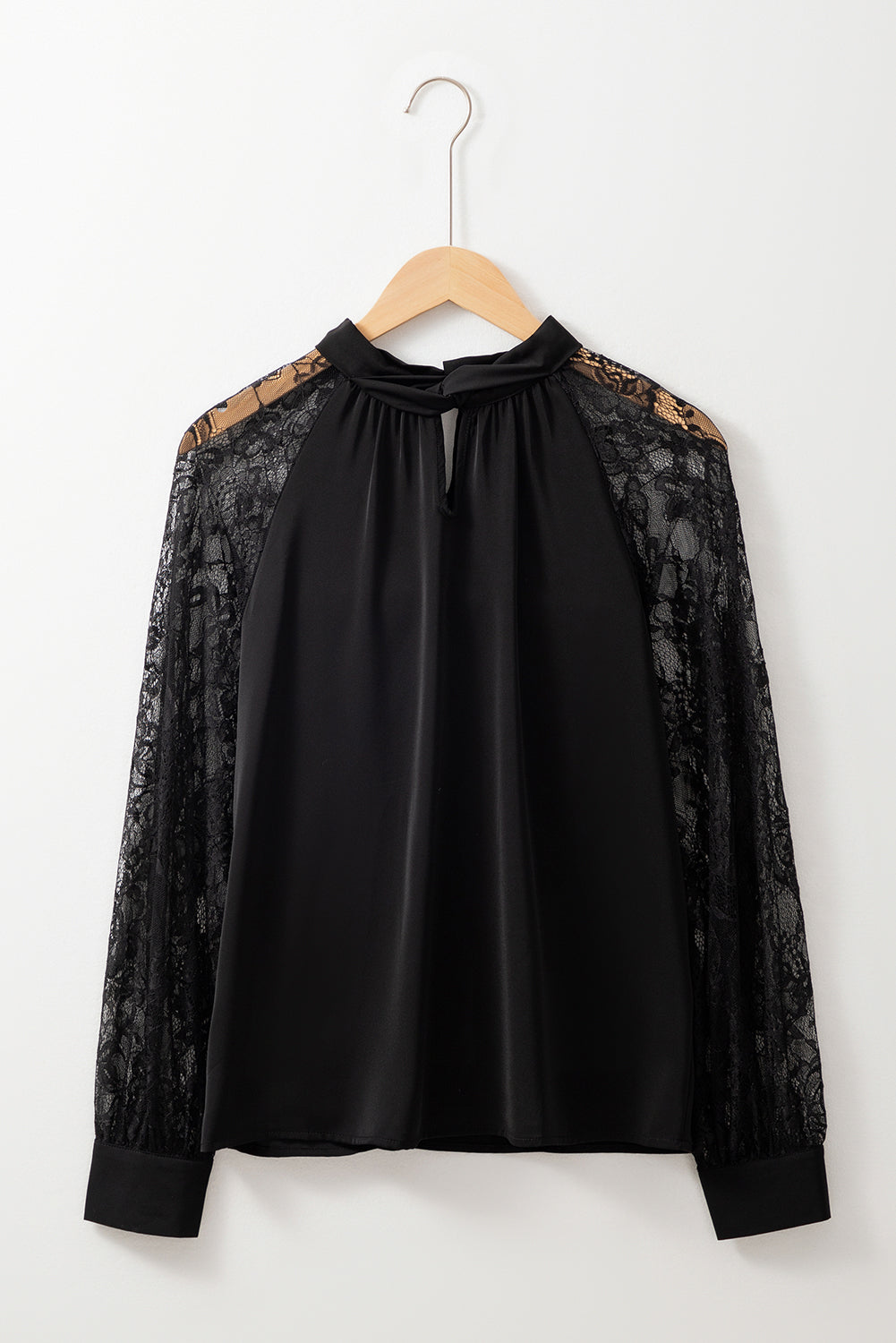 Black Keyhole Neckline Floral Lace Raglan Sleeve Blouse - Bagged Store