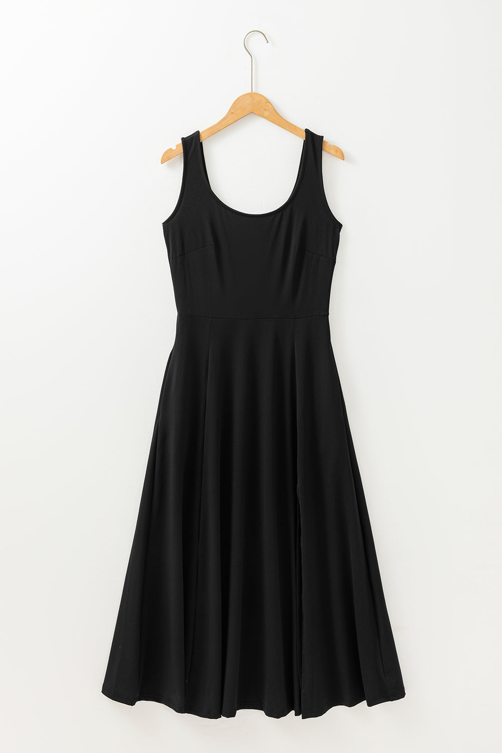 Black Sleeveless Scoop Neck Flared Split Midi Dress - Bagged Store