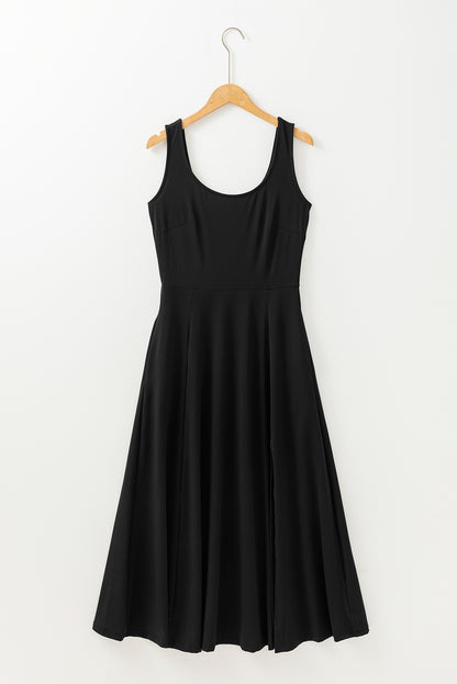 Black Sleeveless Scoop Neck Flared Split Midi Dress - Bagged Store