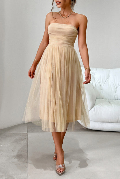 Apricot Starry Strapless Mesh Tulle High Waist Evening Dress - Bagged Store