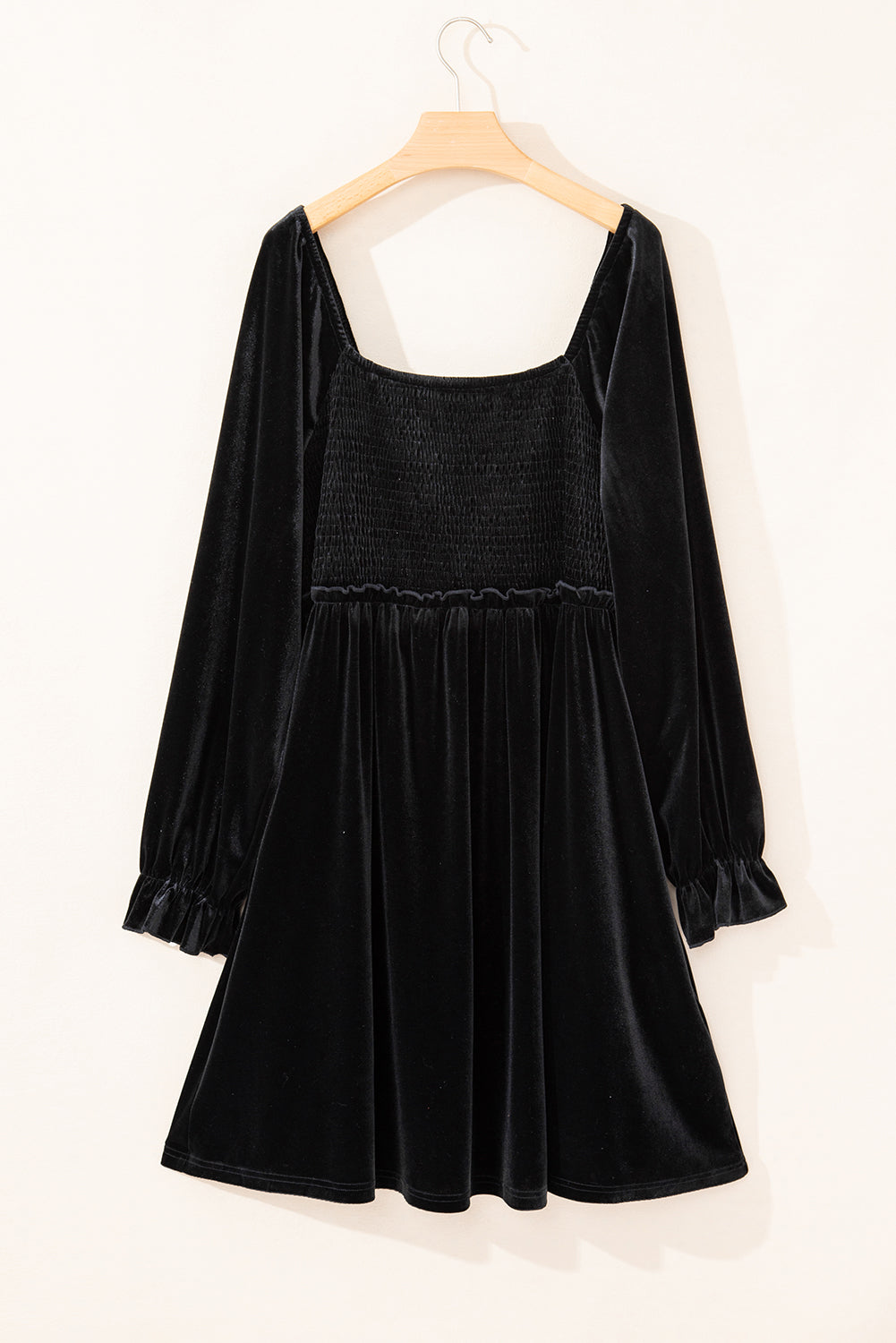 Black Velvet Flounce Sleeve Shirred Bodice Plus Babydoll Dress - Bagged Store