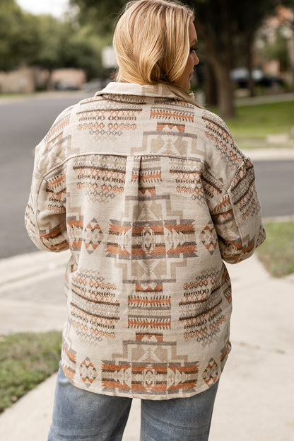 White Aztec Geometric Print Pockets Plus Size Jacket - Bagged Store