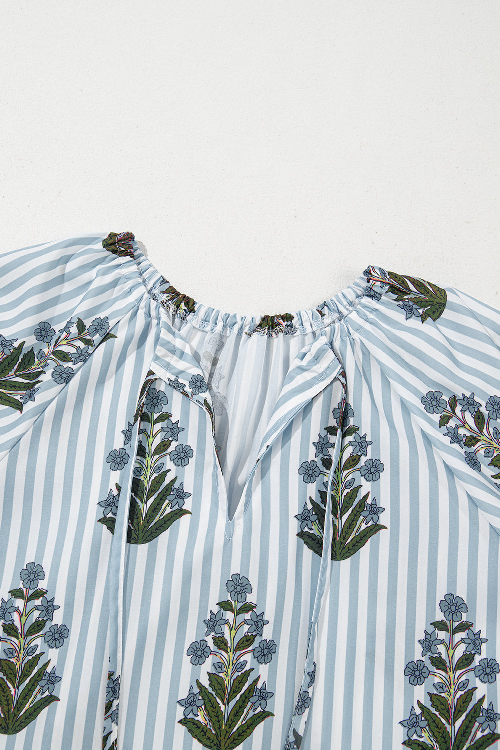 Beau Blue Striped Floral Printed Long Sleeve Tied V Neck Blouse - Bagged Store