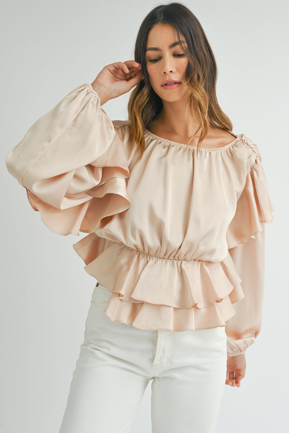 Oatmeal Lace-up Keyhole Back Ruffled Peplum Blouse - Bagged Store