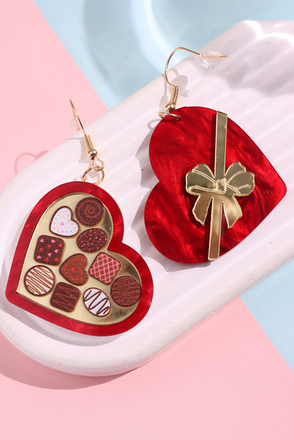 Fiery Red Box of Chocolate Heart Shape Dangle Earrings - Bagged Store