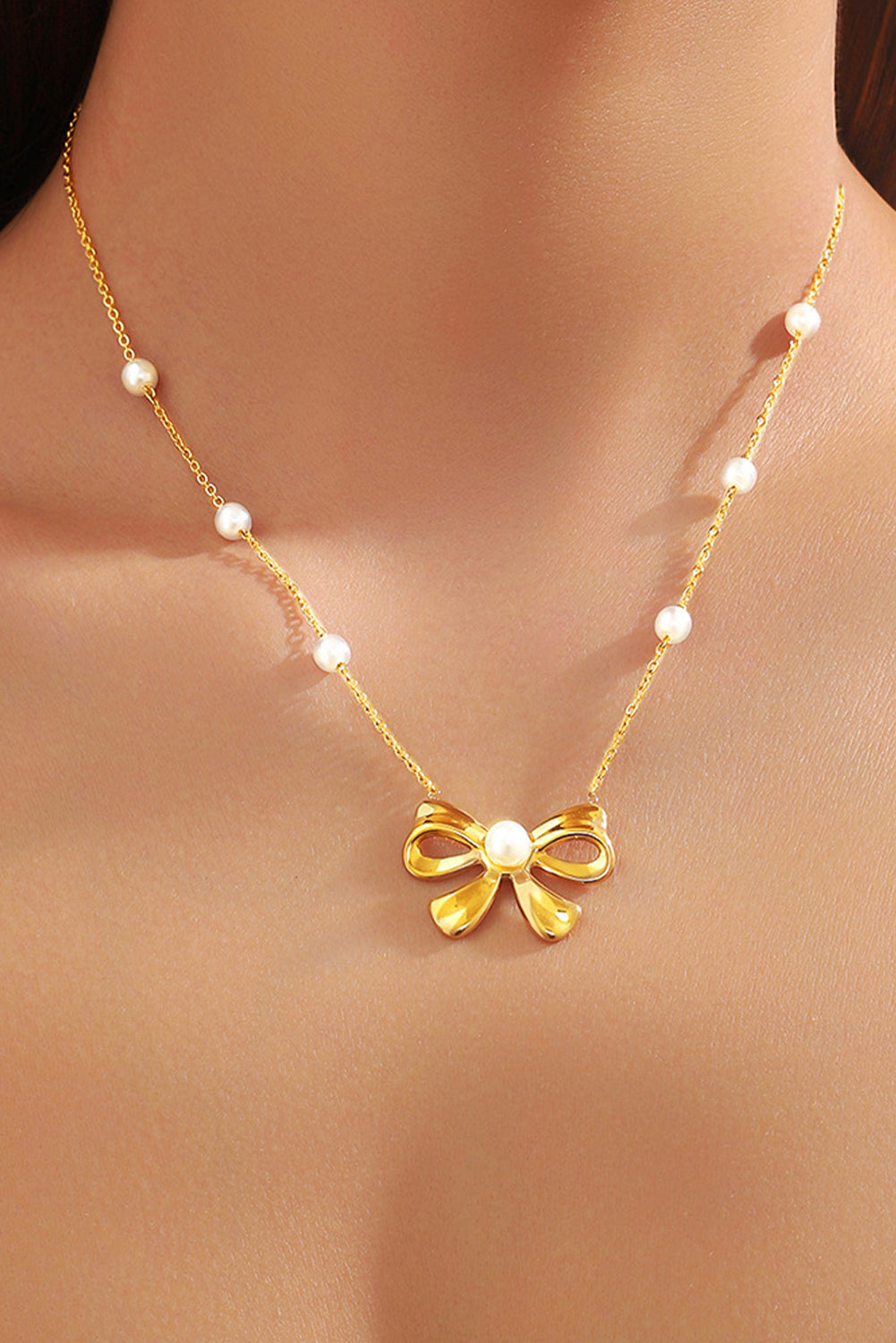 Gold Pearl Decor Plated Bow Knot Pendant Necklace - Bagged Store