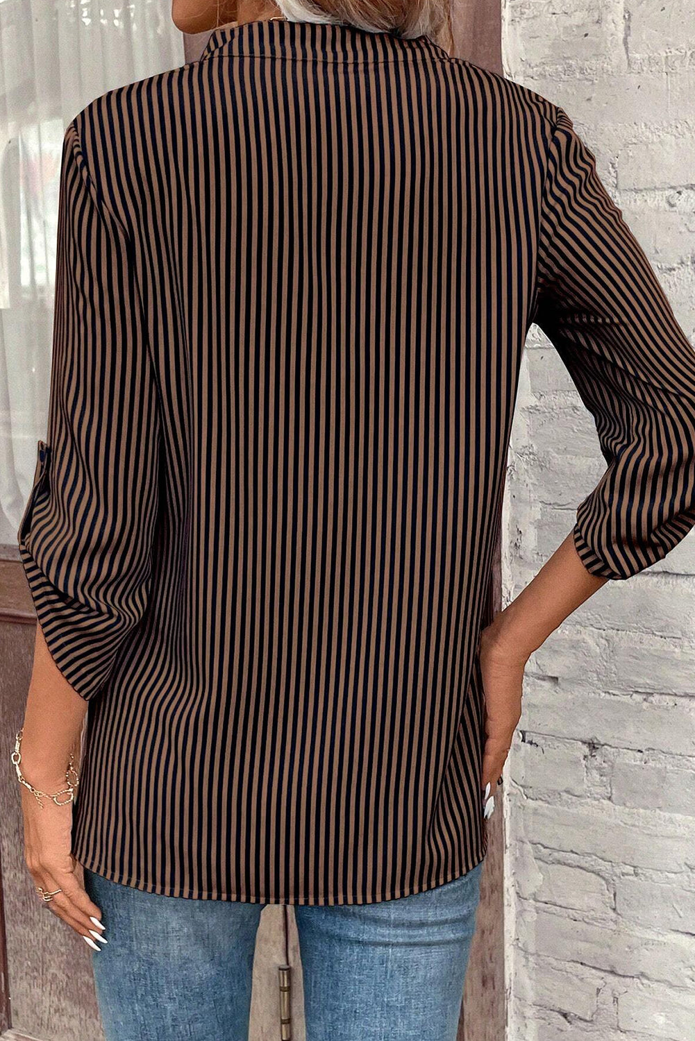 Brown Stripe V Neck Roll Up Sleeve Pocket Patched Classic Shirt - Bagged Store