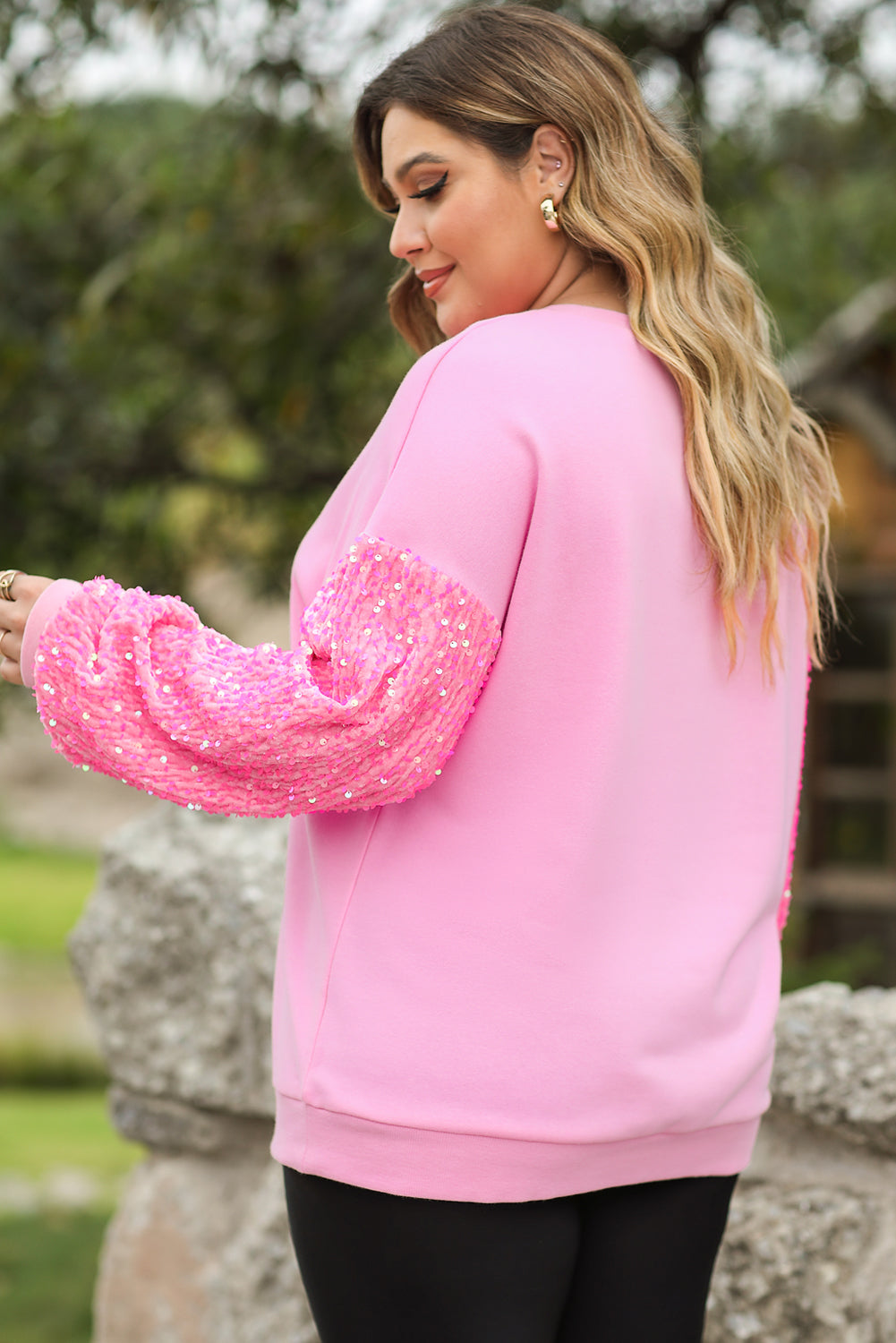 Pink Plus Size Sequin Sleeve Drop Shoulder Sweatshirt - Bagged Store