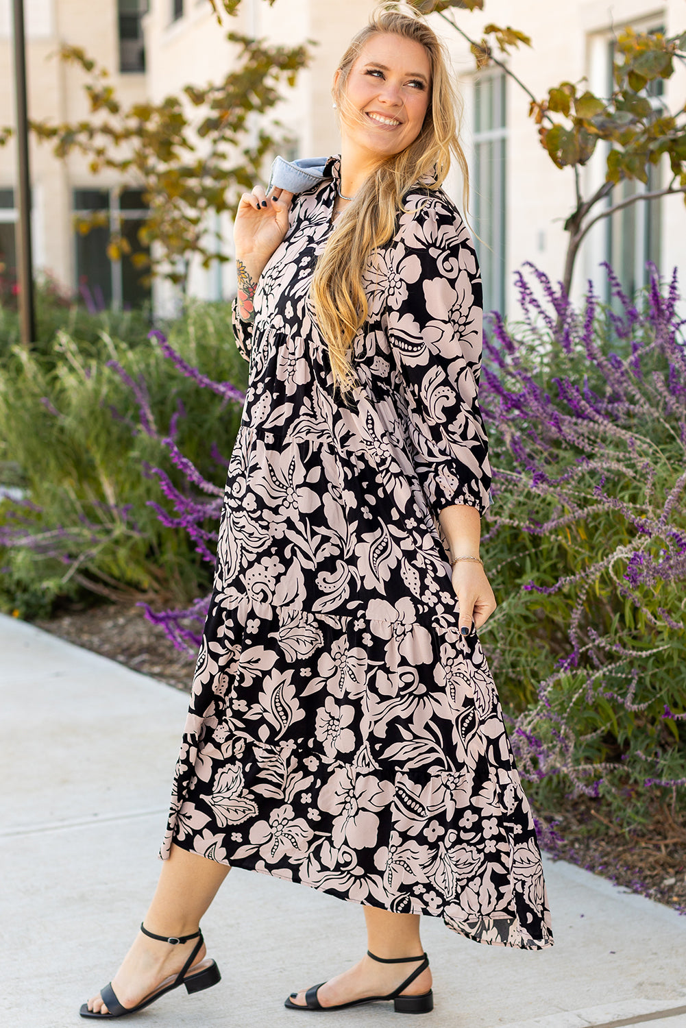 Black Plus Size Floral Printed Puff Sleeve Collared Maxi Dress - Bagged Store