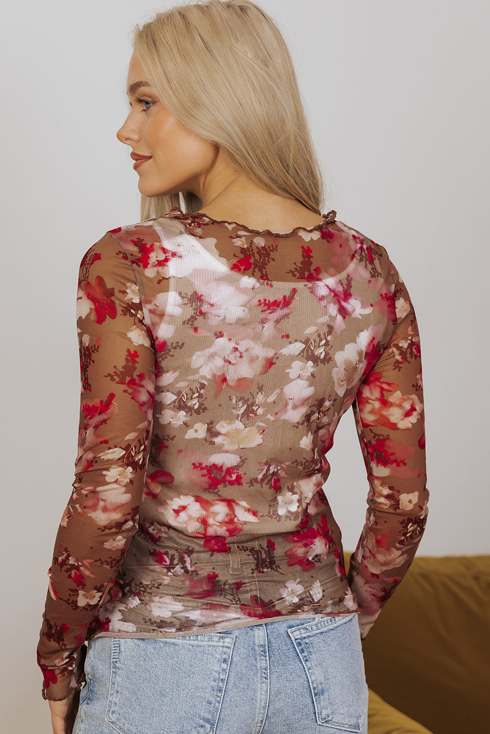 Red Floral Print Sheer Mesh Long Sleeve Top - Bagged Store