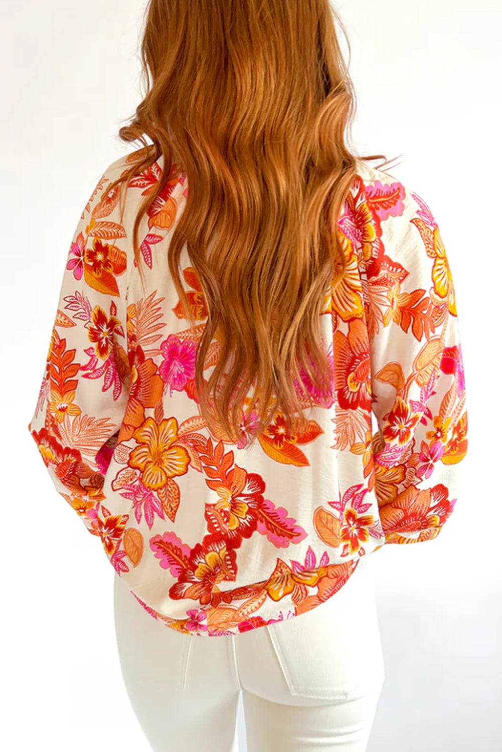 Orange Floral Print Pearl Button Keyhole Long Puff Sleeve Blouse - Bagged Store