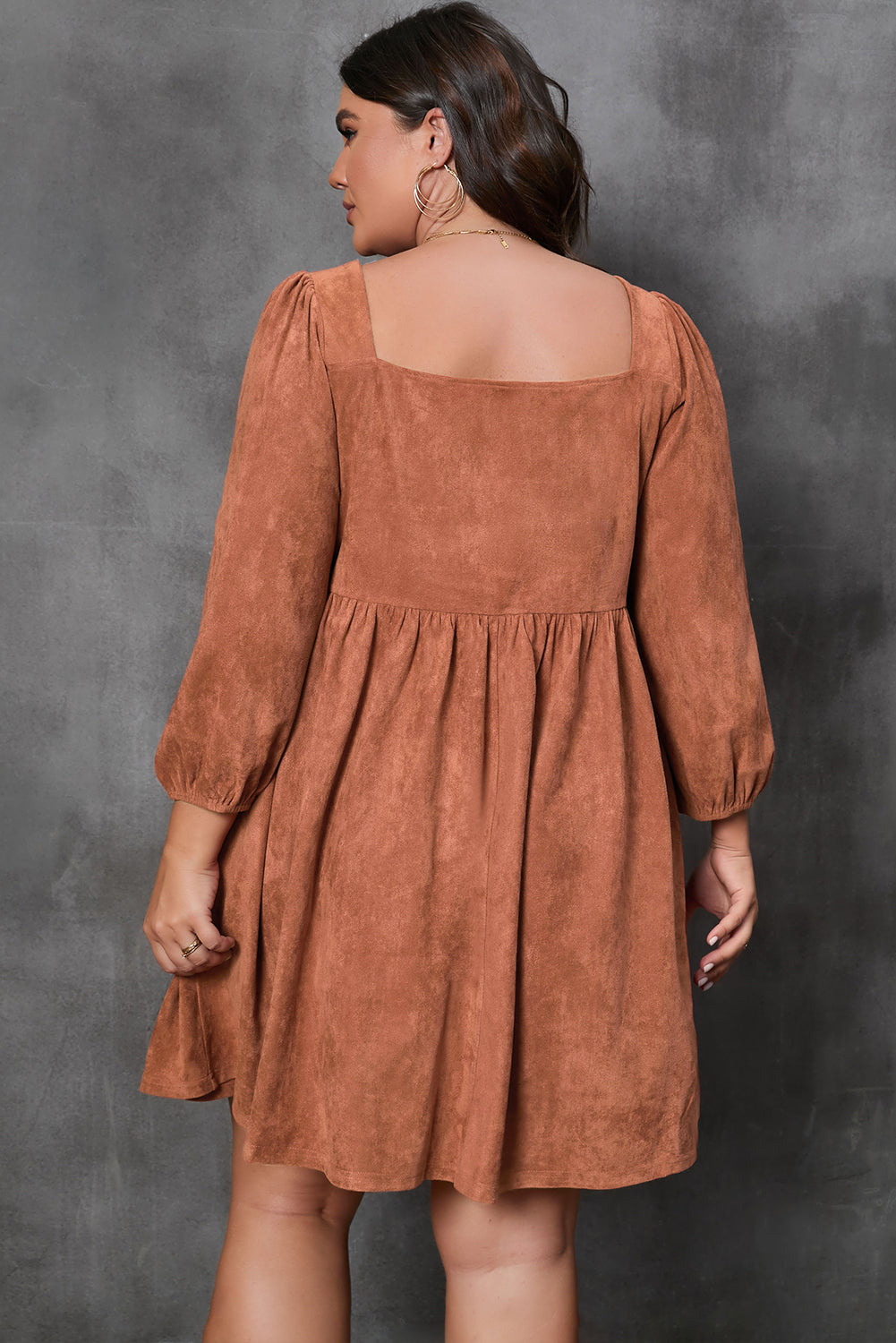 Chestnut Plus Size Suede Square Neck Balloon Sleeve Dress - Bagged Store