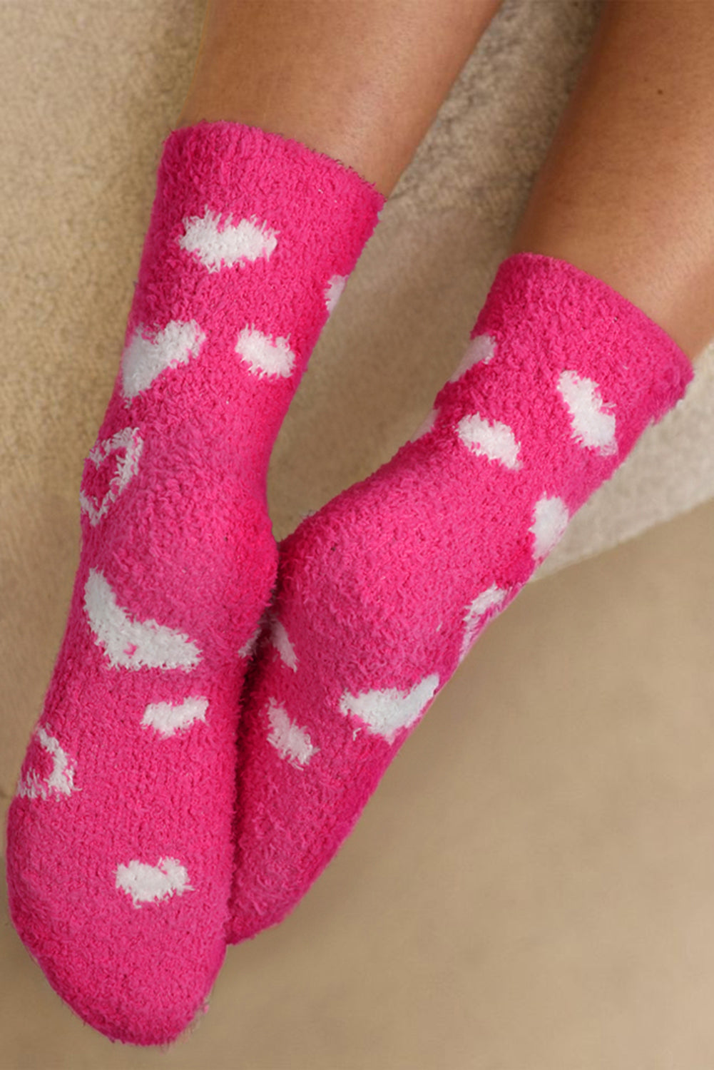 Strawberry Pink Heart Shape Print Coral Fleece Thick Crew Socks - Bagged Store