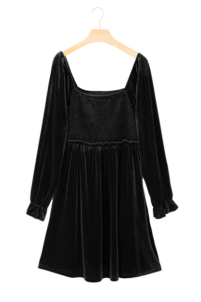 Black Velvet Flounce Sleeve Shirred Bodice Plus Babydoll Dress - Bagged Store