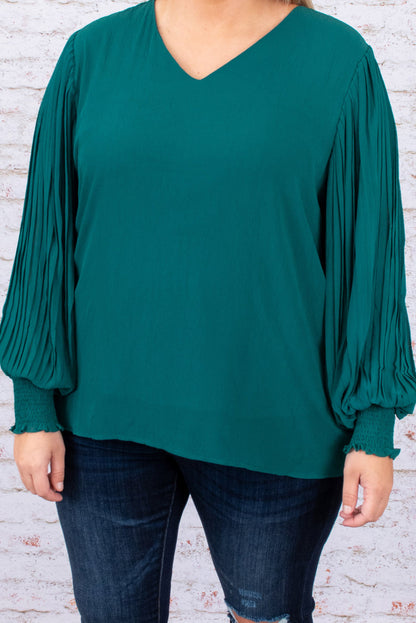 Green Pleated Bubble Sleeve Plus Size Blouse - Bagged Store