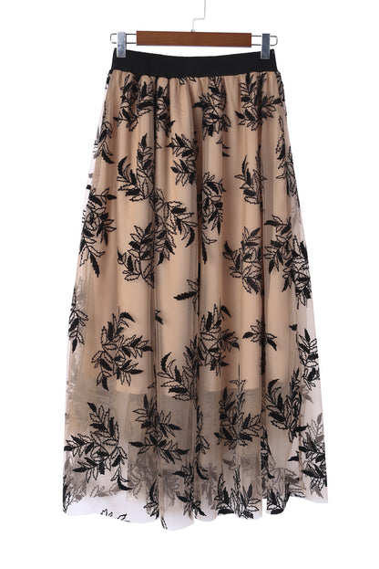 Gold Flame Floral Leaves Embroidered High Waist Maxi Skirt - Bagged Store