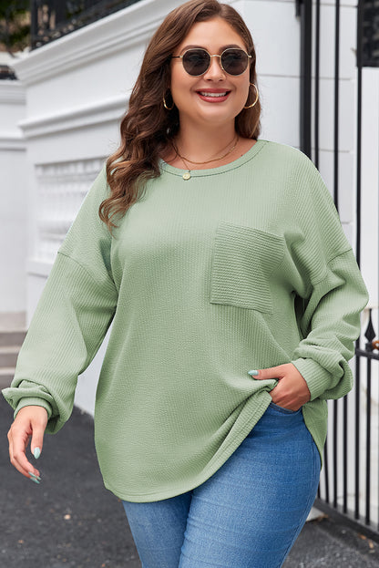 Clearly Aqua Plus Size Corded Knit Pocketed Crew Neck Top - Bagged Store