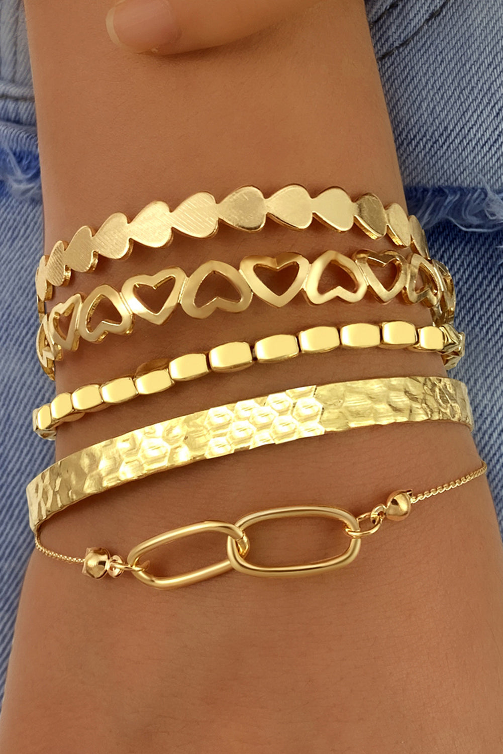 Gold Heart Plated Multi Layer Open Cuff Bracelet Set - Bagged Store