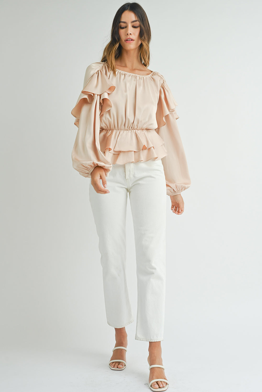 Oatmeal Lace-up Keyhole Back Ruffled Peplum Blouse - Bagged Store