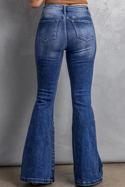 Dark Blue Plus Size Stitching Washed Flare Jeans - Bagged Store