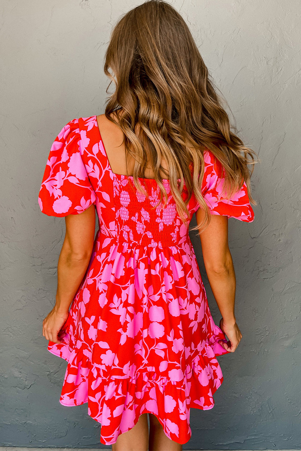 Red Floral Bubble Sleeve Sweetheart Neck Ruffled Mini Dress - Bagged Store