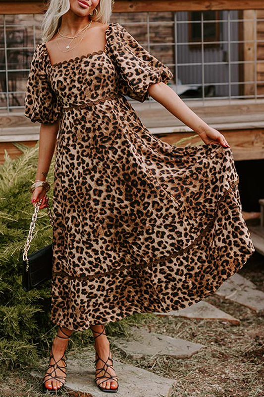 Brown Leopard Print Bubble Sleeve Square Neck Maxi Dress - Bagged Store