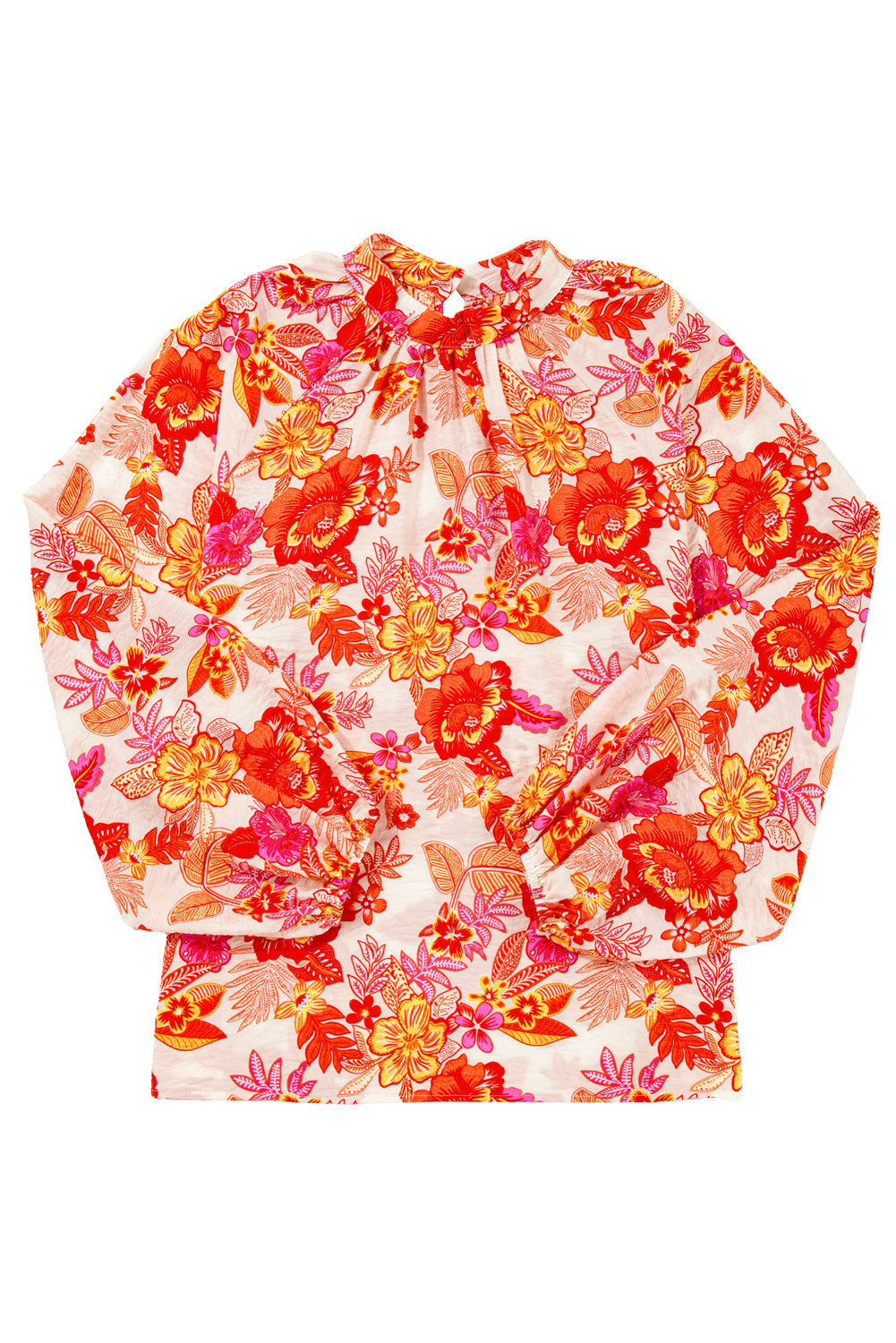 Orange Floral Print Pearl Button Keyhole Long Puff Sleeve Blouse - Bagged Store