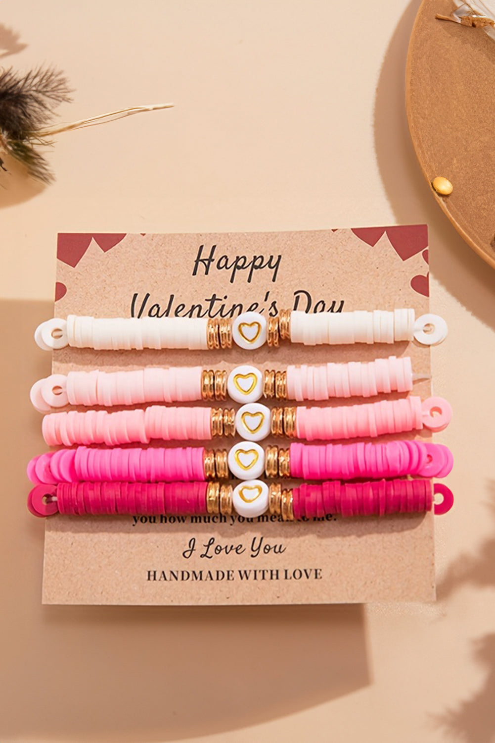 Peach Blossom 5Pcs Valentine Heart Beaded Bracelet - Bagged Store