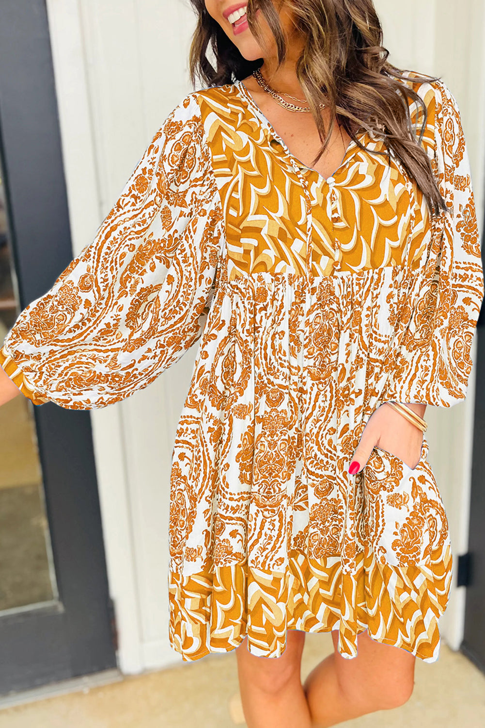 Orange Bohemian Print Puff Sleeve Tied V Neck Flared Mini Dress - Bagged Store