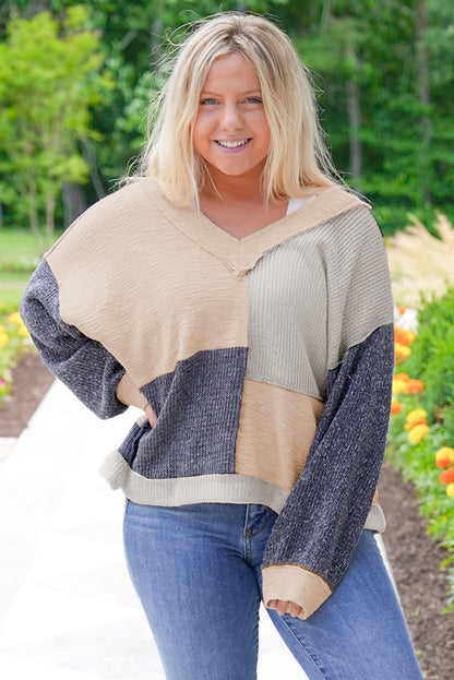 Ashleigh Blue Plus Size Textured Colorblock Patchwork V Neck Top - Bagged Store