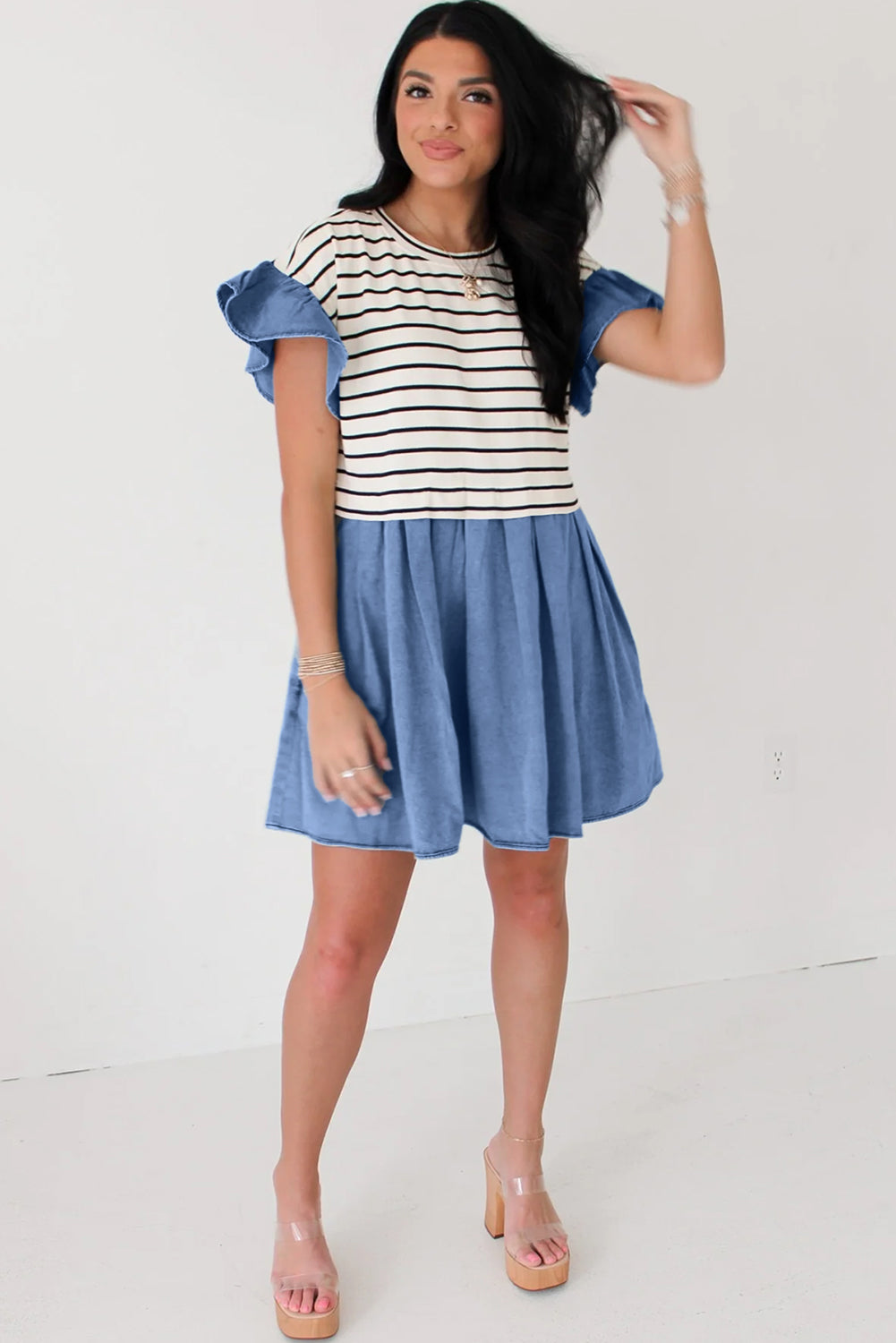 Black Stripe Ruffle Denim Patchwork Round Neck Mini Dress - Bagged Store