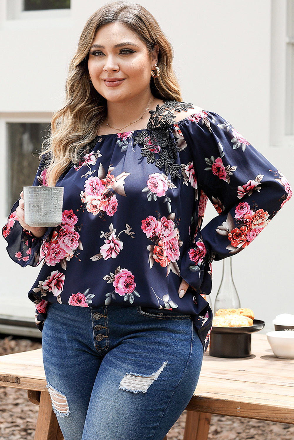 Navy Blue Plus Size Crochet Detail Cold shoulder Floral Blouse - Bagged Store