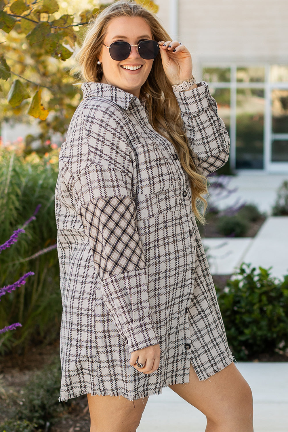 White Stripe Plus Size Plaid Buttoned Raw Hem Tunic Shirt Dress - Bagged Store