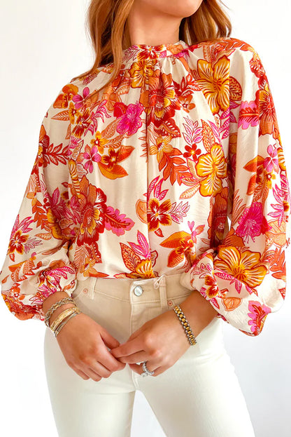 Orange Floral Print Pearl Button Keyhole Long Puff Sleeve Blouse - Bagged Store