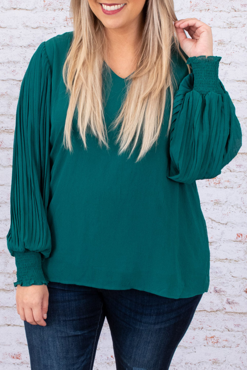 Green Pleated Bubble Sleeve Plus Size Blouse - Bagged Store