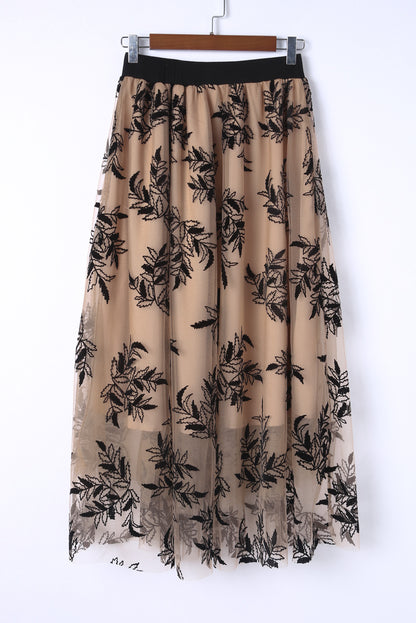 Gold Flame Floral Leaves Embroidered High Waist Maxi Skirt - Bagged Store