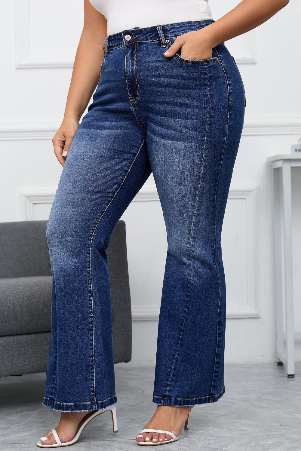 Dark Blue Plus Size Stitching Washed Flare Jeans - Bagged Store