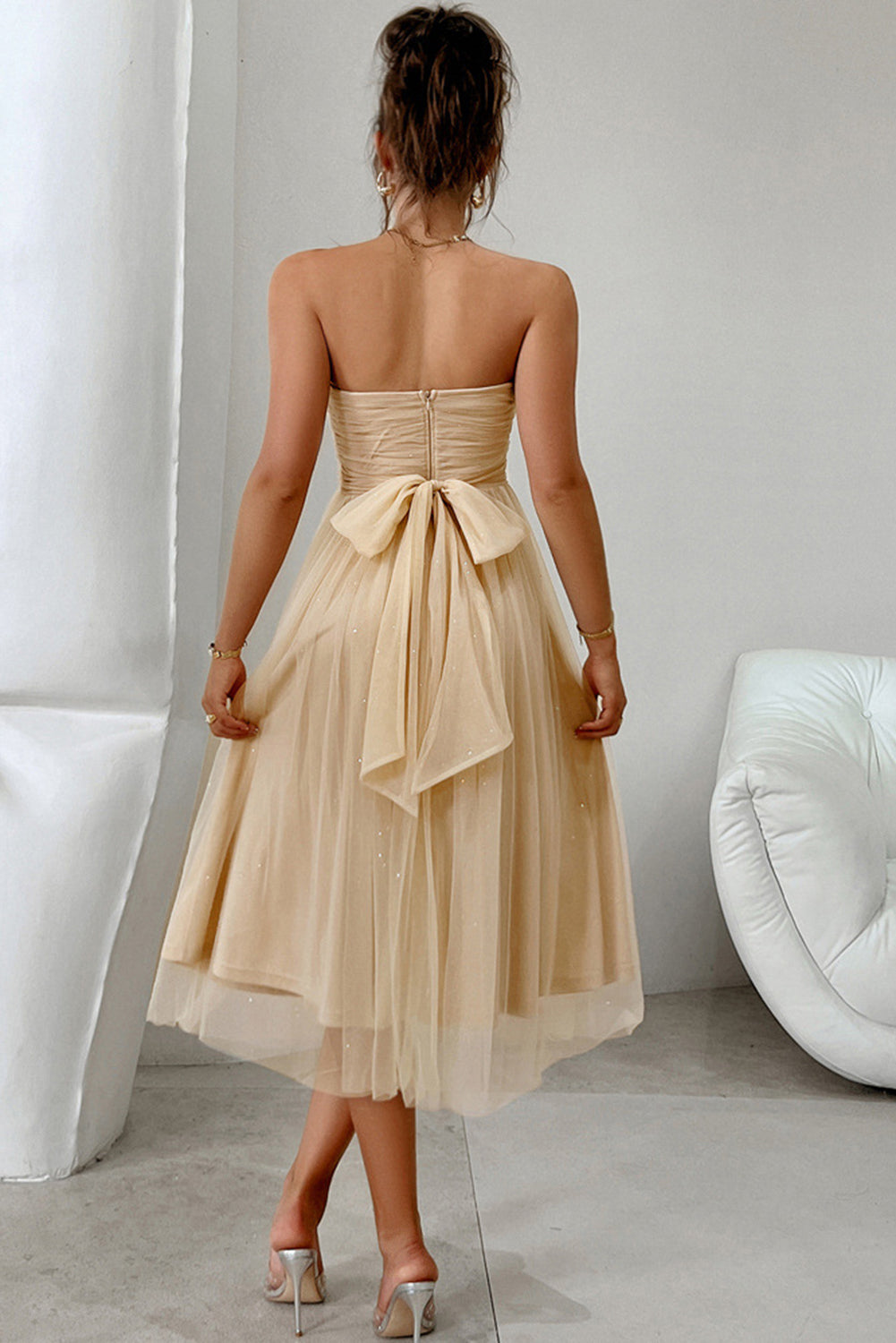 Apricot Starry Strapless Mesh Tulle High Waist Evening Dress - Bagged Store