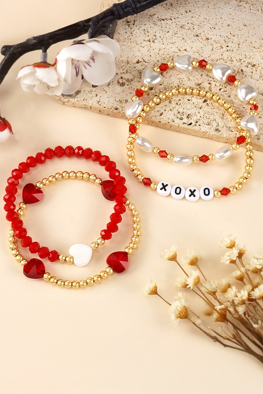 Fiery Red XOXO Heart Beaded 4pcs Layered Bracelet - Bagged Store