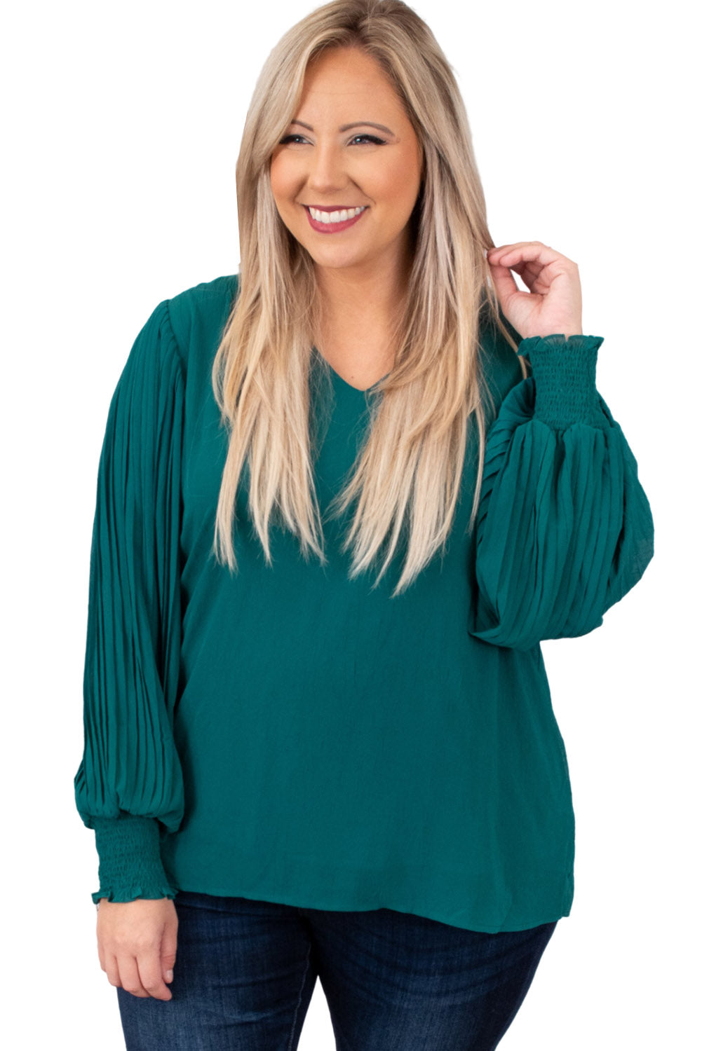 Green Pleated Bubble Sleeve Plus Size Blouse - Bagged Store