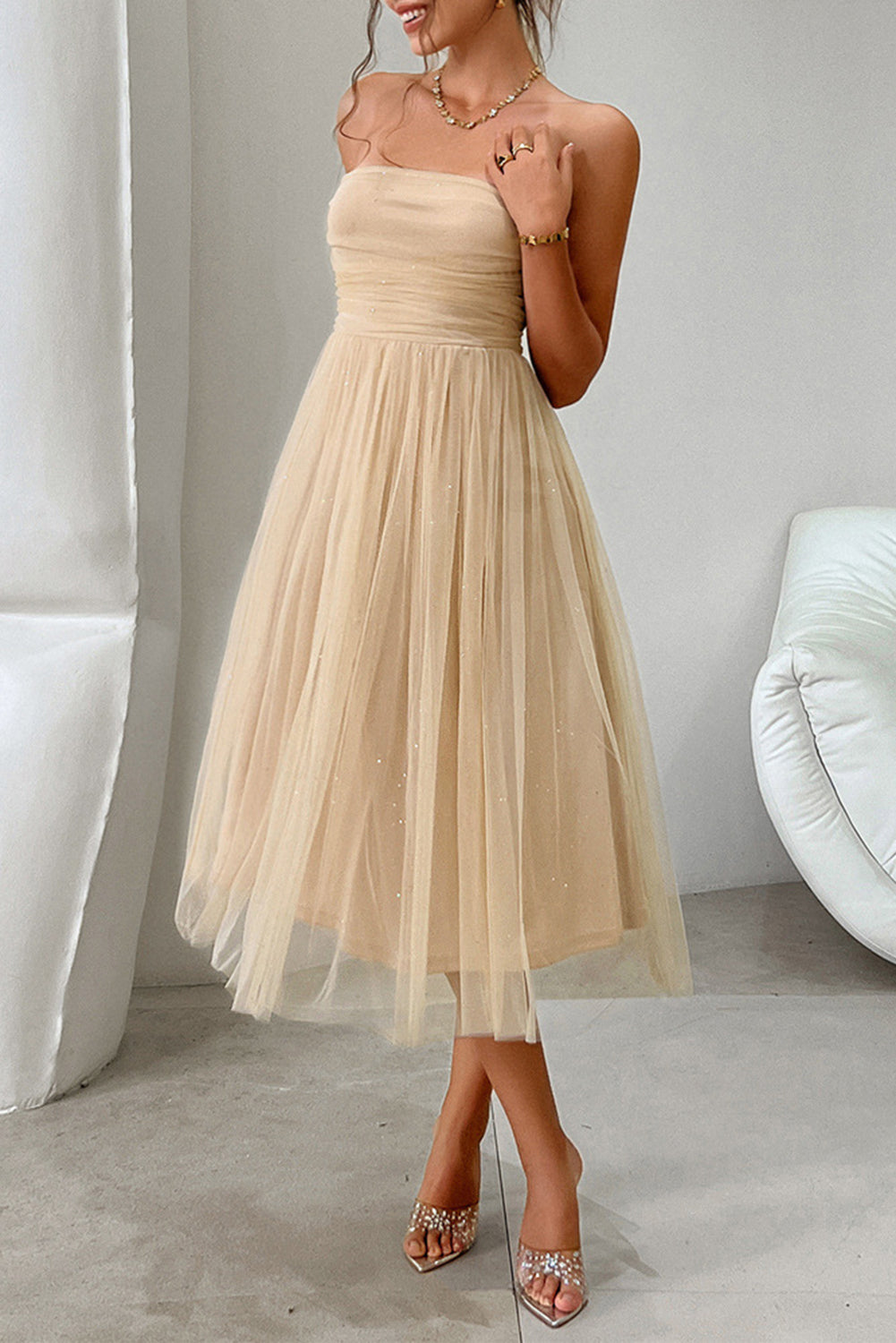 Apricot Starry Strapless Mesh Tulle High Waist Evening Dress - Bagged Store