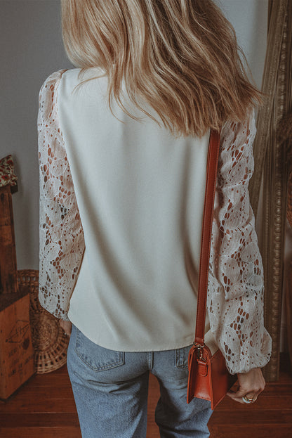 White Scalloped V Neckline Lace Hollowed Lantern Sleeve Blouse - Bagged Store