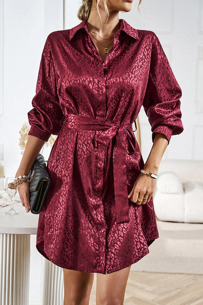 Burgundy Sleek Leopard Long Sleeve Tie Waist Shirt Dress - Bagged Store